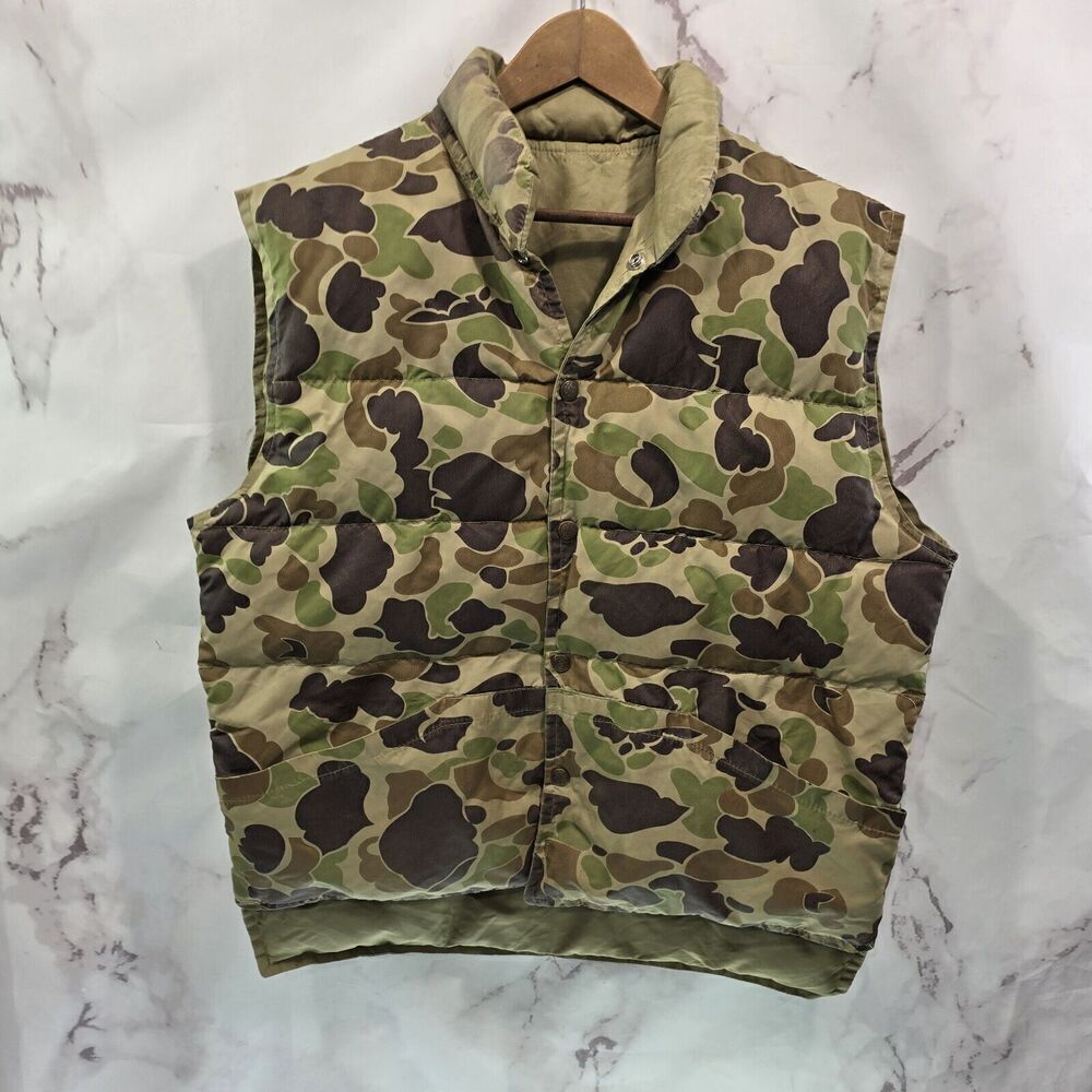 Camo Down Puffer Vest Mens Large Vintage Duck Snap Button 4 Color Goose Green